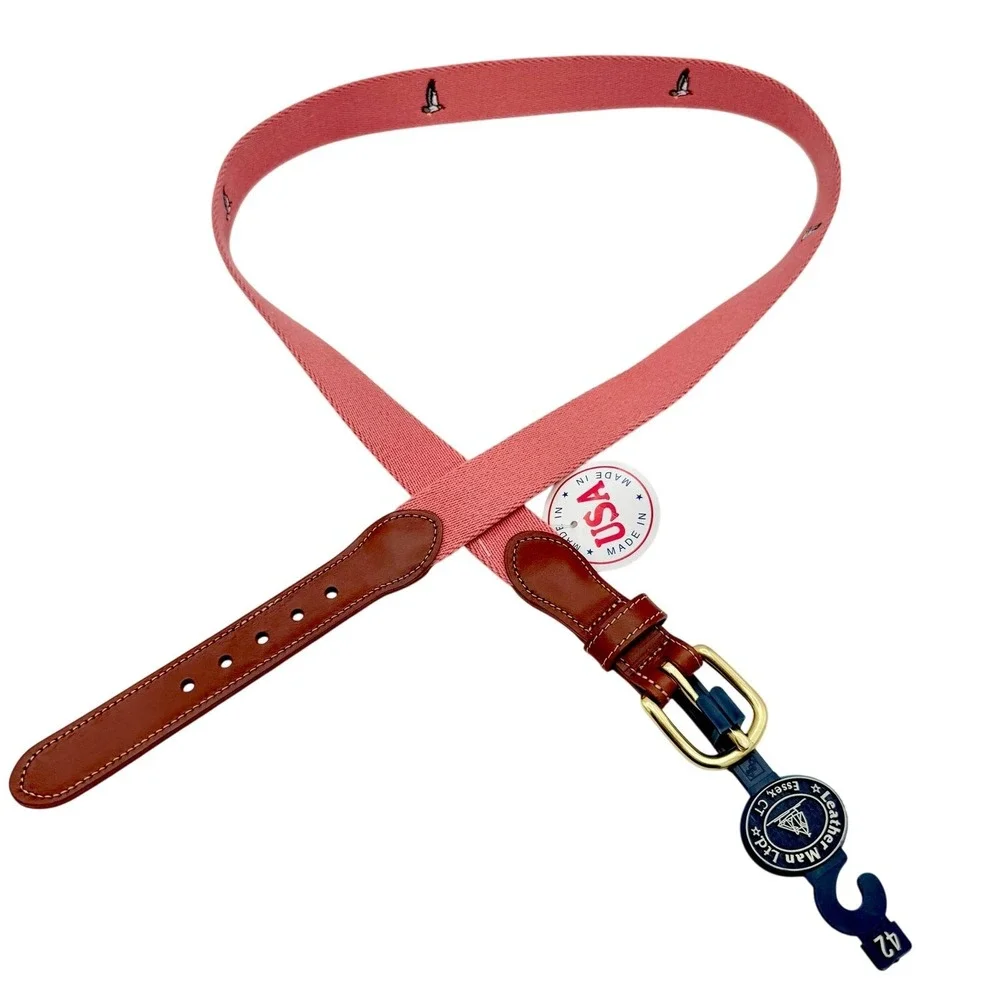 Leather‎ Man Ltd Pink Embroidered Duck Belt Size 42 USA Preppy Leather Brass